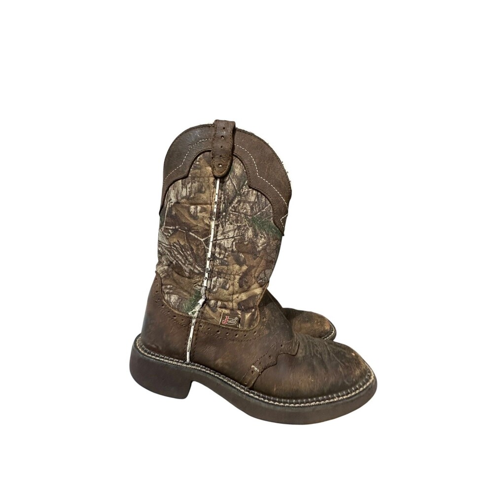 Justin Western Cowgirl Boots Gypsy Camo Brown Leather Womens Sz 7B Distressed